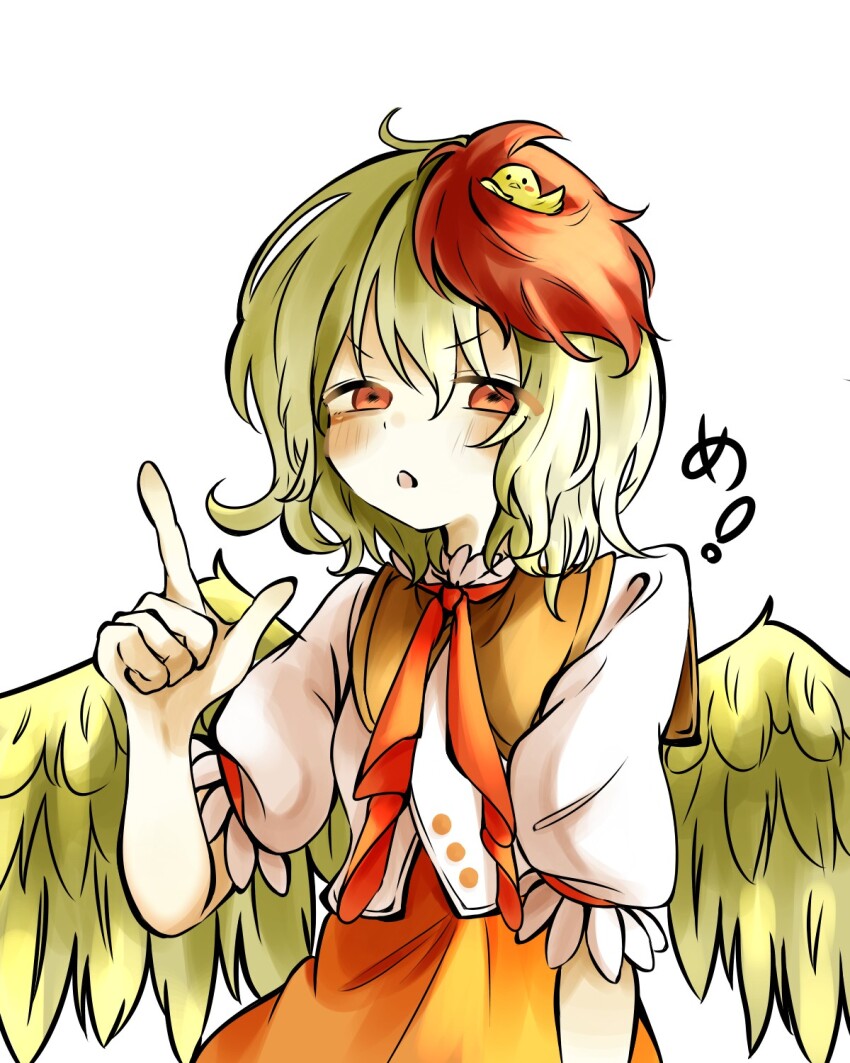 :o, bird_wings, blonde_hair, blush, chick_hair_ornament, commentary, dress, highres