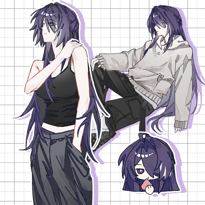 1girl, acheron_(honkai:_star_rail), ahoge, alternate_costume, breasts, commentary_request, eating, grid_background