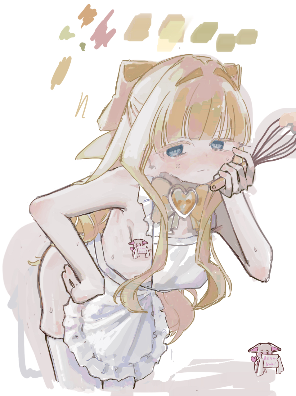 1girl, anger_vein, apron, blue_eyes, blunt_bangs, bottomless, bow, bowtie