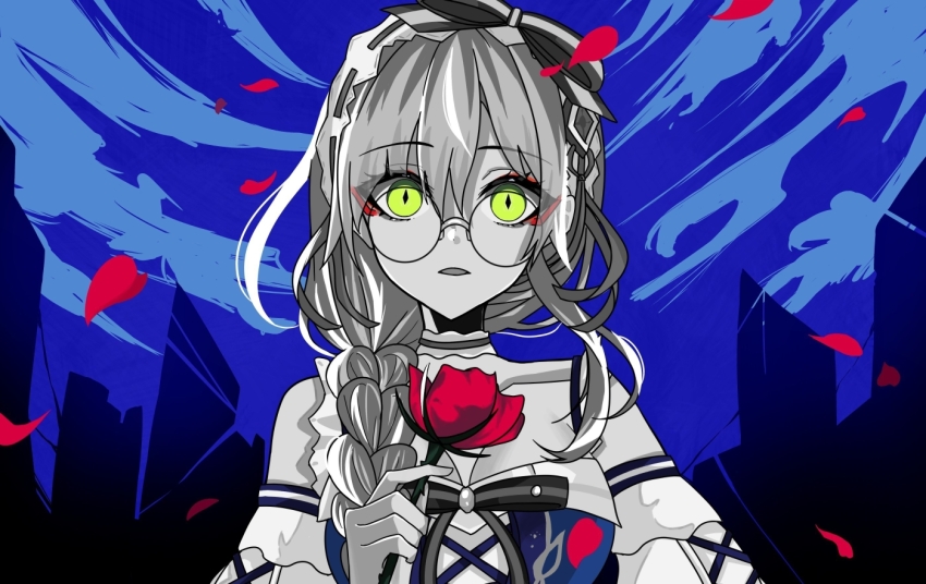 bare_shoulders, black_bow, blue_dress, bow, braid, braided_ponytail, breasts, choker