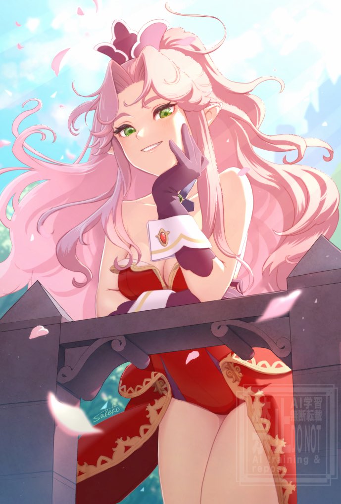 1girl, against_railing, angela_(seiken_densetsu_3), bare_shoulders, black_cross_tie, commentary_request, cowboy_shot, detached_collar