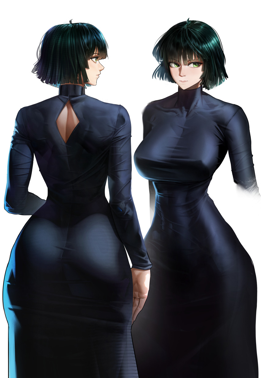 1girl, absurdres, ahoge, back_cutout, black_dress, breasts, closed_mouth, clothing_cutout, commentary, covered_navel, dress, english_commentary, fubuki_(one-punch_man), green_eyes, highres, large_breasts, long_sleeves, looking_to_the_side, medium_hair, multiple_views, one-punch_man, rido9, simple_background, skin_tight, standing, white_background