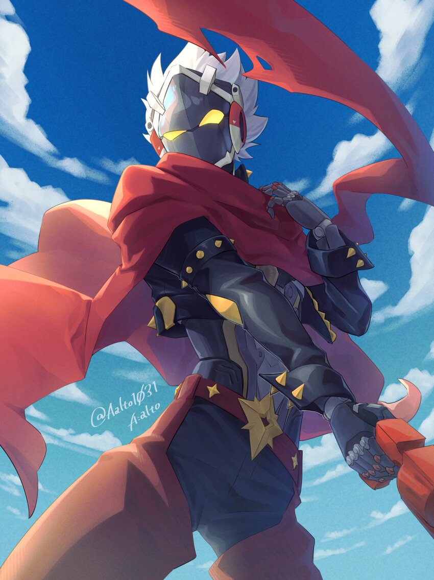 1boy, aalto1031, absurdres, artist_name, billy_kid, black_jacket, blue_sky, cape