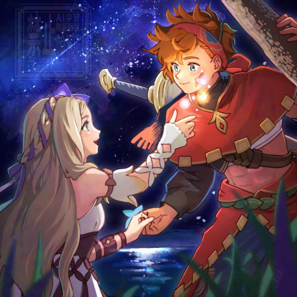 1boy, 1girl, bare_shoulders, black_shirt, blonde_hair, blue_eyes, blue_pants, blurry