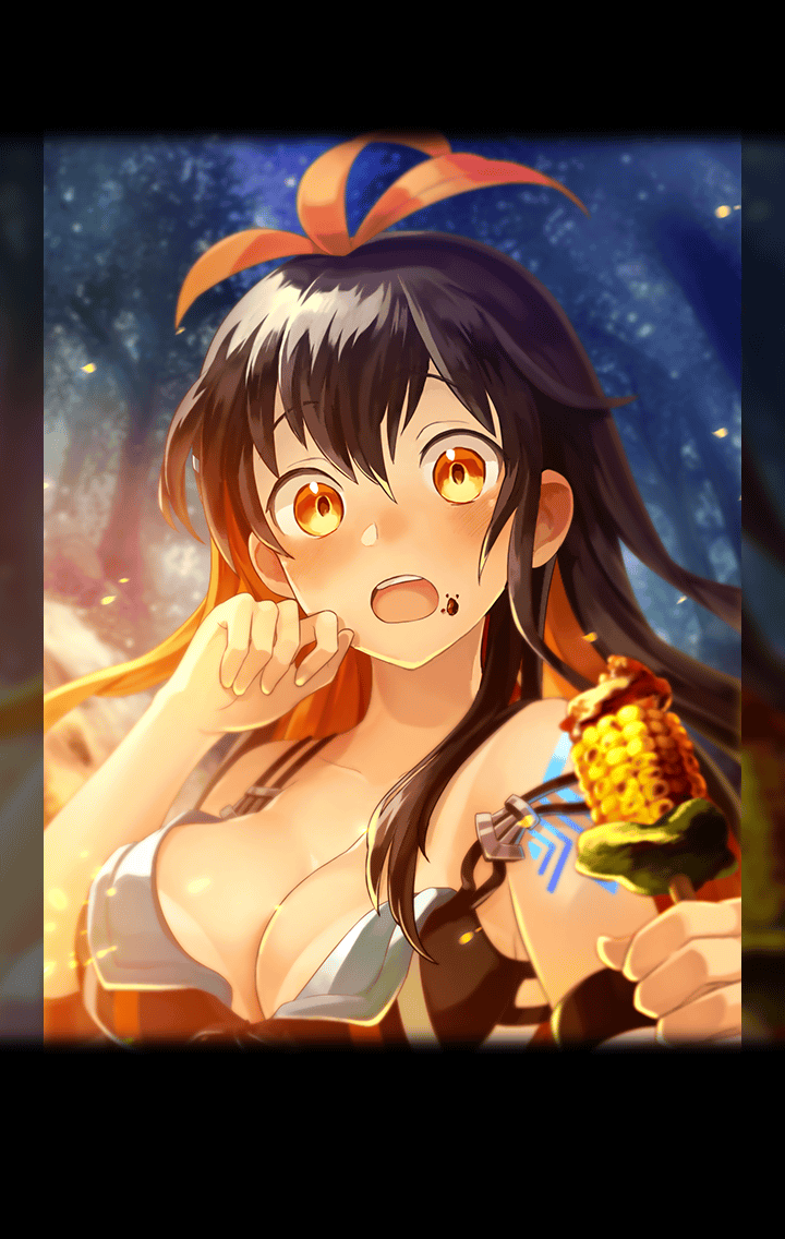 1girl, almira_(ta_ga_tame_no_alchemist), black_hair, breasts, cleavage, collarbone, corn, food