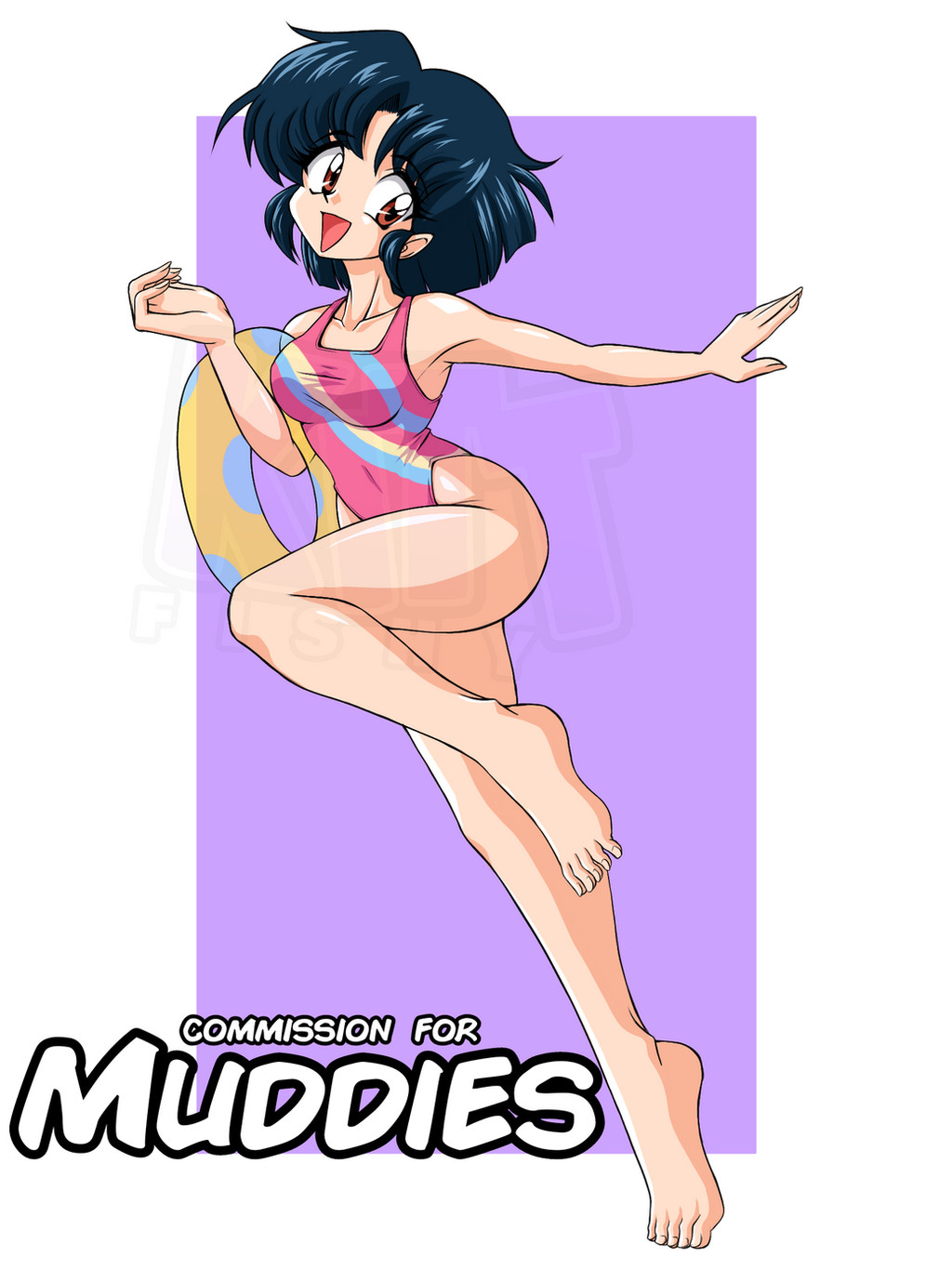 1girl, :d, bare_shoulders, barefoot, blue_hair, brown_eyes, collarbone, commentary