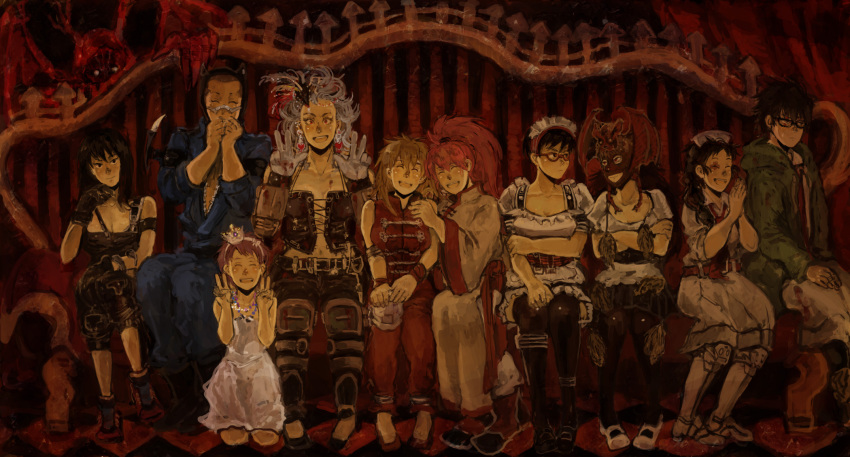 2boys, 6+girls, armband, asuka_(dorohedoro), belt, bespectacled, black_eyes, black_hair