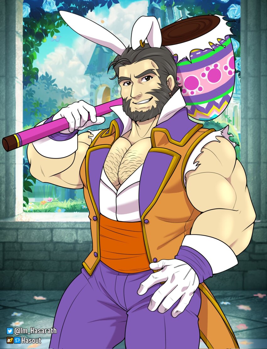 1boy, alternate_costume, animal_ears, arts_of_hasarath, bara, beard, chest_hair, commentary