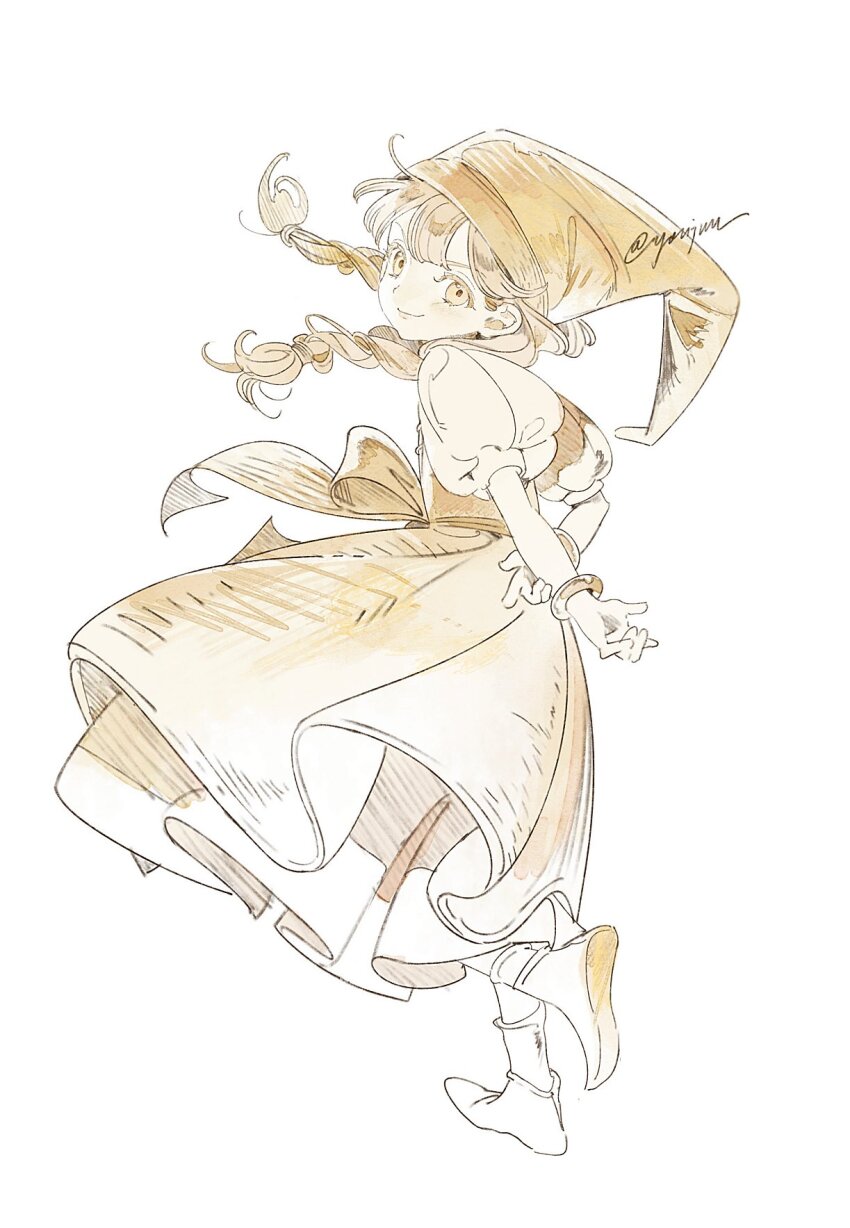 1girl, arms_behind_back, bangle, boots, bracelet, braid, closed_mouth, dragon_quest