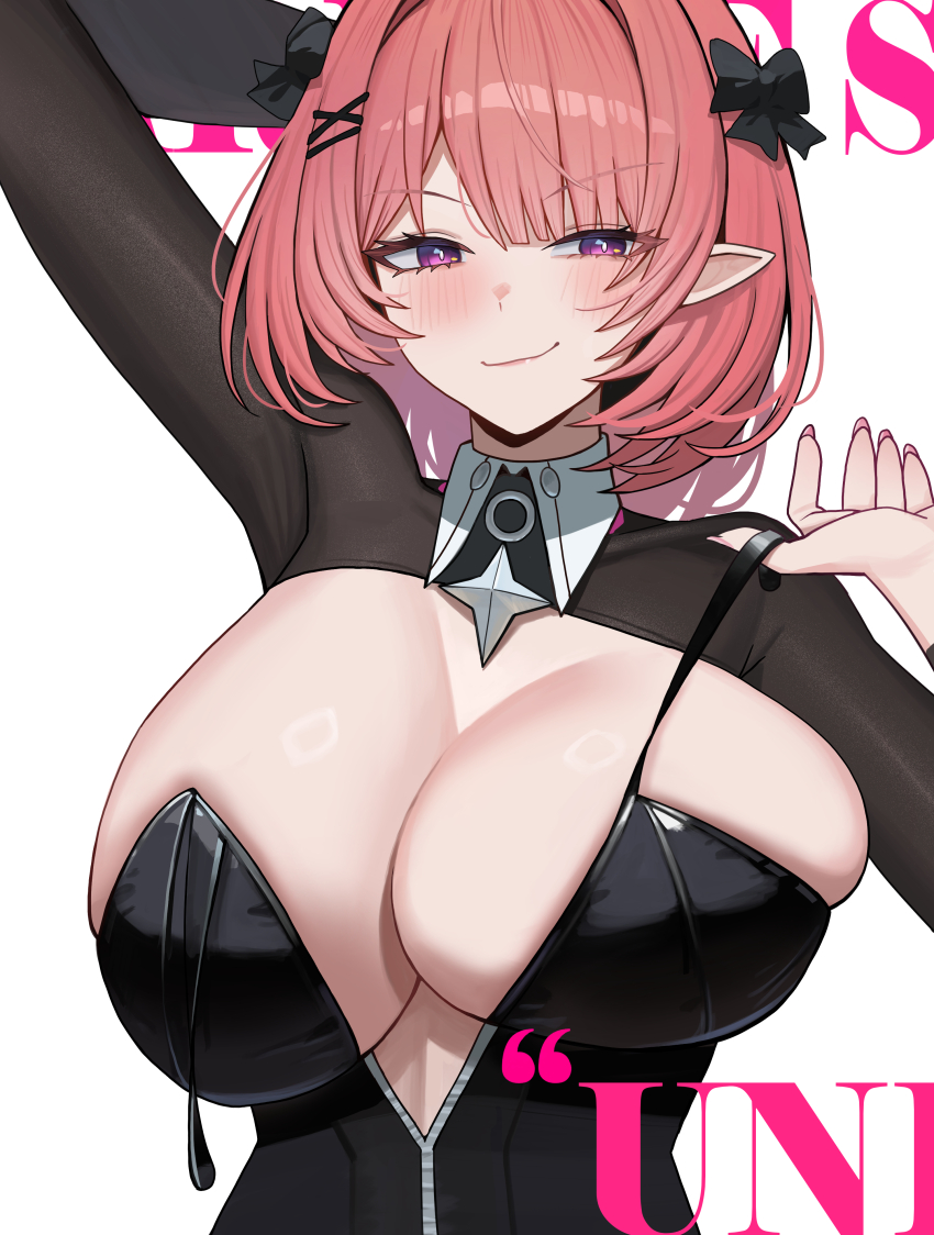 1girl, absurdres, black_leotard, black_shrug, breasts, character_request, cleavage, commentary_request