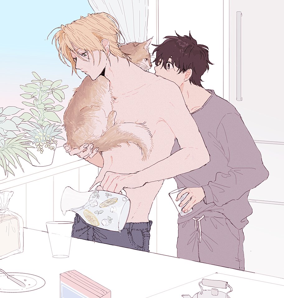 2boys, a_co_pi, animal, ash_lynx, banana_fish, black_pants, blonde_hair, blue_eyes