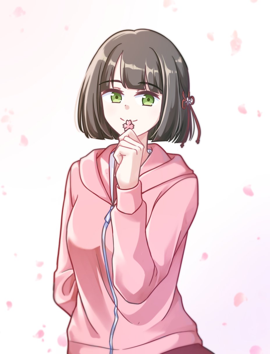 1girl, arm_behind_back, black_hair, blunt_bangs, blunt_ends, bob_cut, cherry_blossoms, closed_mouth