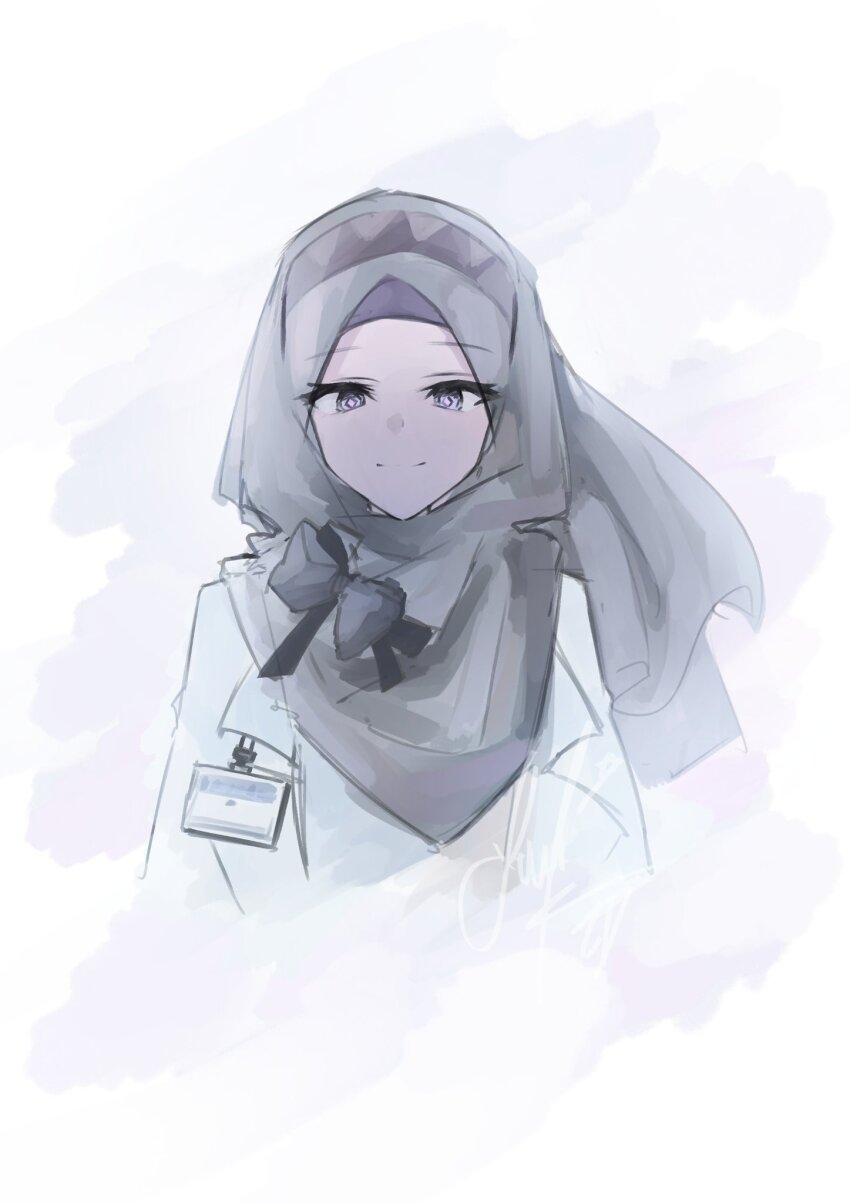 1girl, arknights, black_bow, bow, closed_mouth, coat, cropped_torso, grey_hijab
