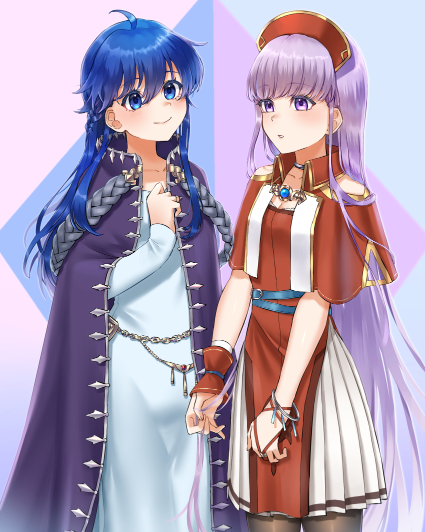 2girls, ahoge, alternate_costume, alternate_hairstyle, bangle, belt, black_pantyhose, blue_background, blue_belt, blue_dress, blue_eyes, bracelet, braid, breasts, bridal_gauntlets, capelet, class_connection, cleavage, cloak, collarbone, commentary_request, cosplay, costume_switch, cowboy_shot, dress, fire_emblem, fire_emblem:_the_binding_blade, hair_between_eyes, hairstyle_switch, half_up_braid, hand_up, hat, headdress, highres, jewelry, lilina_(fire_emblem), lilina_(fire_emblem)_(cosplay), long_hair, long_sleeves, looking_at_another, medium_breasts, multiple_girls, nintendo, pantyhose, purple_background, purple_cloak, purple_eyes, purple_hair, red_capelet, red_dress, short_sleeves, small_breasts, smile, sophia_(fire_emblem), sophia_(fire_emblem)_(cosplay), swept_bangs, tsukimura_(d24f4z8j3t), very_long_hair