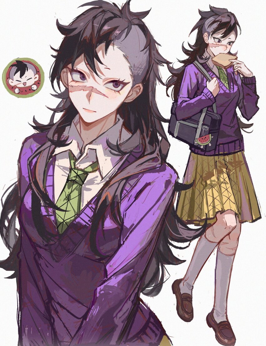 1girl, absurdres, alternate_costume, bag, black_hair, bread, bread_slice, breasts