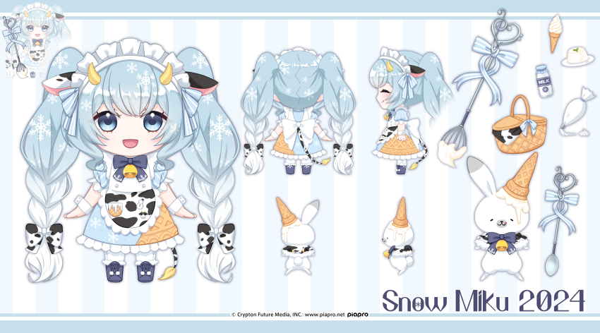 1girl, :d, absurdres, an777an, animal_ears, animal_print, apron, basket, blue_bow, blue_bowtie, blue_eyes, blue_hair, blue_shoes, bottle, bow, bowtie, chibi, chibi_only, commentary_request, cow_ears, cow_girl, cow_horns, cow_print, cow_tail, dress, food, hatsune_miku, highres, horns, ice_cream, ice_cream_cone, icing, maid_headdress, milk_bottle, multiple_views, open_mouth, pastry_bag, pudding, rabbit_yukine, reference_sheet, saucer, shoes, smile, soft_serve, spoon, tail, vocaloid, waist_apron, whisk, white_bow, white_hair, yuki_miku, yuki_miku_(2024)_(applicant)