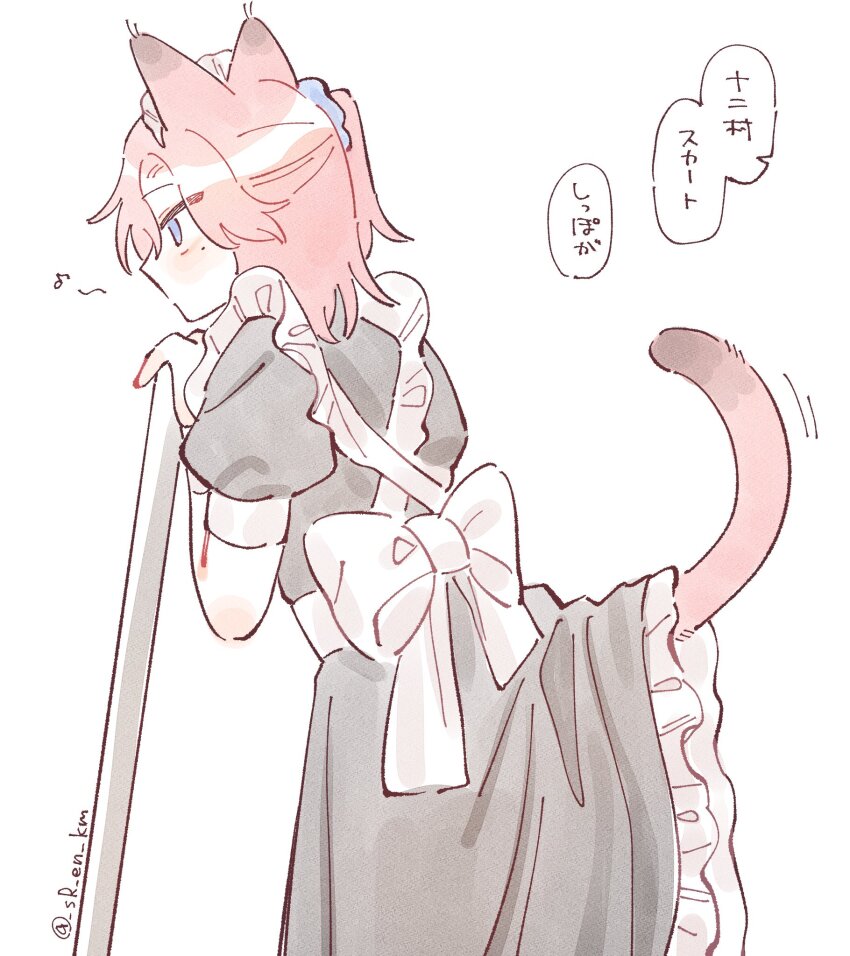 1boy, apron, back_bow, black_dress, blue_eyes, bow, cat_boy, clothes_lift