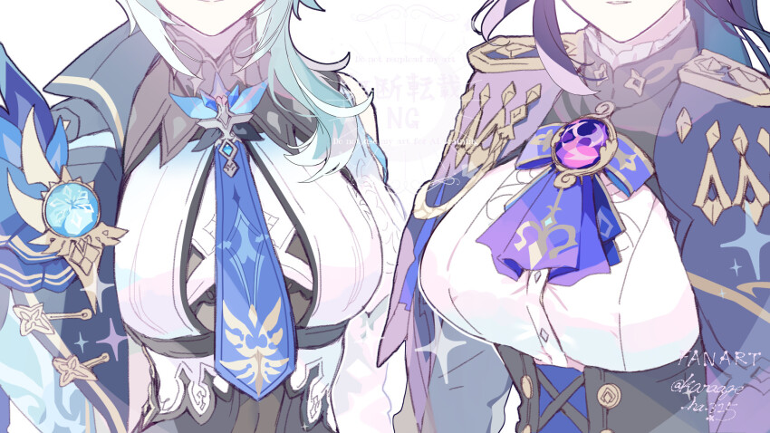 2girls, ascot, black_corset, black_leotard, blue_cape, blue_hair, blue_necktie, breasts