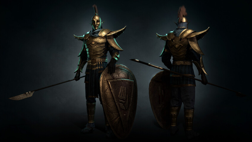 1boy, 3d, armor, black_background, black_gloves, blue_loincloth, blue_pants, blue_scarf, commentary, english_commentary, facing_viewer, from_behind, full_body, gloves, gold_armor, gold_bracer, grey_background, highres, holding, holding_polearm, holding_weapon, laurent_pozzuoli, male_focus, mohawk, ordinator_armor, ordinator_guard, ordinator_helmet, ornate_armor, pants, pointy_ears, polearm, red_eyes, scarf, shield, shoulder_armor, spear, the_elder_scrolls, the_elder_scrolls_iii:_morrowind, weapon, zbrush_(medium)