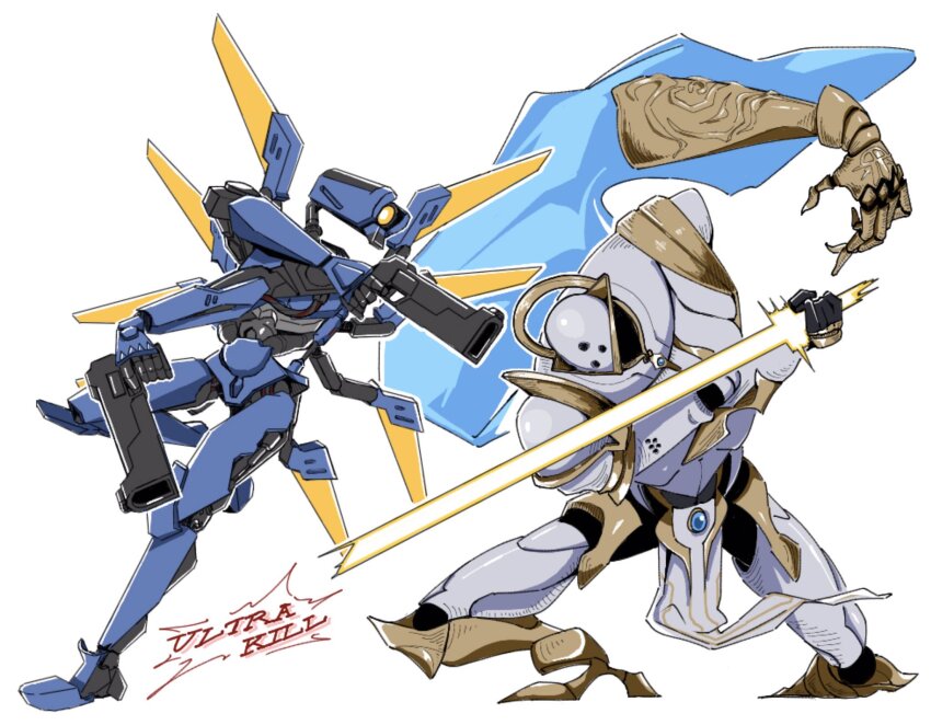 1other, 2other, angel, armor, cape, commentary_request, detached_arm, energy_sword, energy_wings, fighting, full_armor, glowing, glowing_wings, gun, helmet, highres, holding, holding_gun, holding_sword, holding_weapon, humanoid_robot, joints, mechanical_wings, one-eyed, orange_wings, power_(ultrakill), robot, robot_joints, silver_armor, sword, ultrakill, uni_gyoza, v1_(ultrakill), weapon, white_background, wings