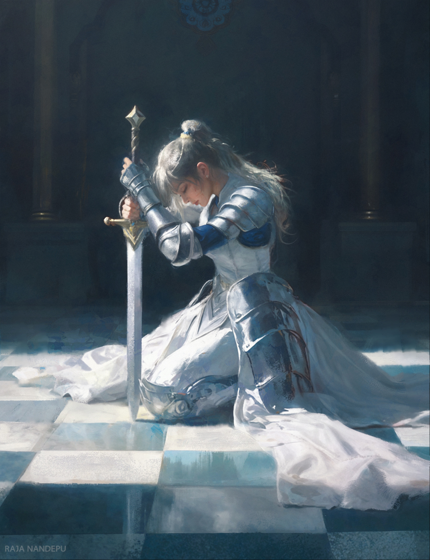 absurdres, armor, armor_request, closed_eyes, column, faulds, grey_hair, highres