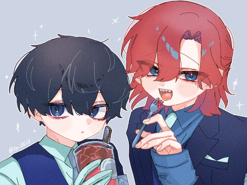 2boys, bags_under_eyes, black_hair, black_jacket, blue_eyes, blue_gloves, blue_necktie, blue_shirt