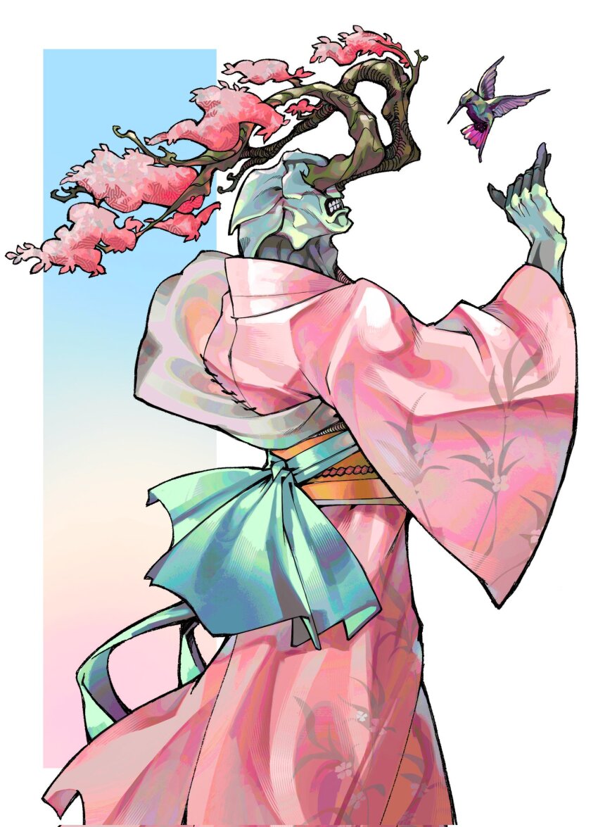 1other, arm_up, bird, cherry_blossoms, cherry_tree, colored_fingertips, colored_skin, commentary, english_commentary, feet_out_of_frame, from_side, gradient_background, hanami_(jujutsu_kaisen), hand_up, highres, hummingbird, japanese_clothes, jujutsu_kaisen, kimono, monster, name_connection, no_eyes, no_nose, ohmeiios, pink_kimono, reaching, simple_background, solo, standing, teeth, white_background, white_skin, wide_sleeves
