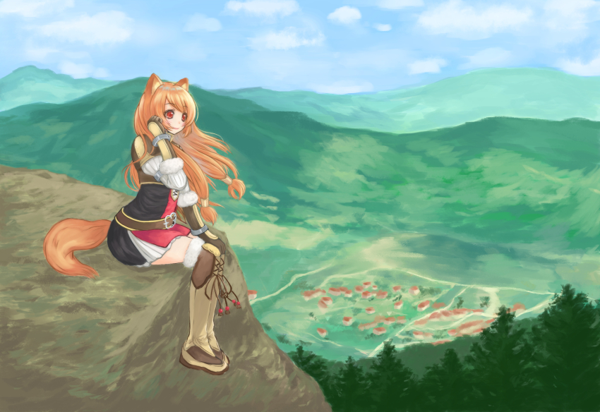 1girl, absurdres, animal_ear_fluff, animal_ears, armor, black_dress, blue_sky, boots, breastplate, brown_armor, brown_gloves, brown_hair, closed_mouth, cloud, cloudy_sky, commentary_request, day, dress, elbow_gloves, floating_hair, footwear_tassel, from_side, full_body, fur-trimmed_boots, fur-trimmed_gloves, fur_trim, gloves, hair_tubes, hand_up, highres, leather, leather_armor, leather_boots, leather_gloves, long_hair, looking_ahead, manabu-san, metal_arm_cuffs, metal_hair_tubes, metal_wrist_cuffs, mountainous_horizon, on_cliff, outdoors, pauldrons, pinstripe_dress, pinstripe_pattern, raccoon_ears, raccoon_girl, raccoon_tail, raphtalia, red_dress, red_eyes, short_dress, shoulder_armor, sitting, sky, sleeveless, sleeveless_dress, smile, solo, tail, tate_no_yuusha_no_nariagari, thigh_boots, two-tone_dress, white_dress, white_fur, white_trim, yellow_trim