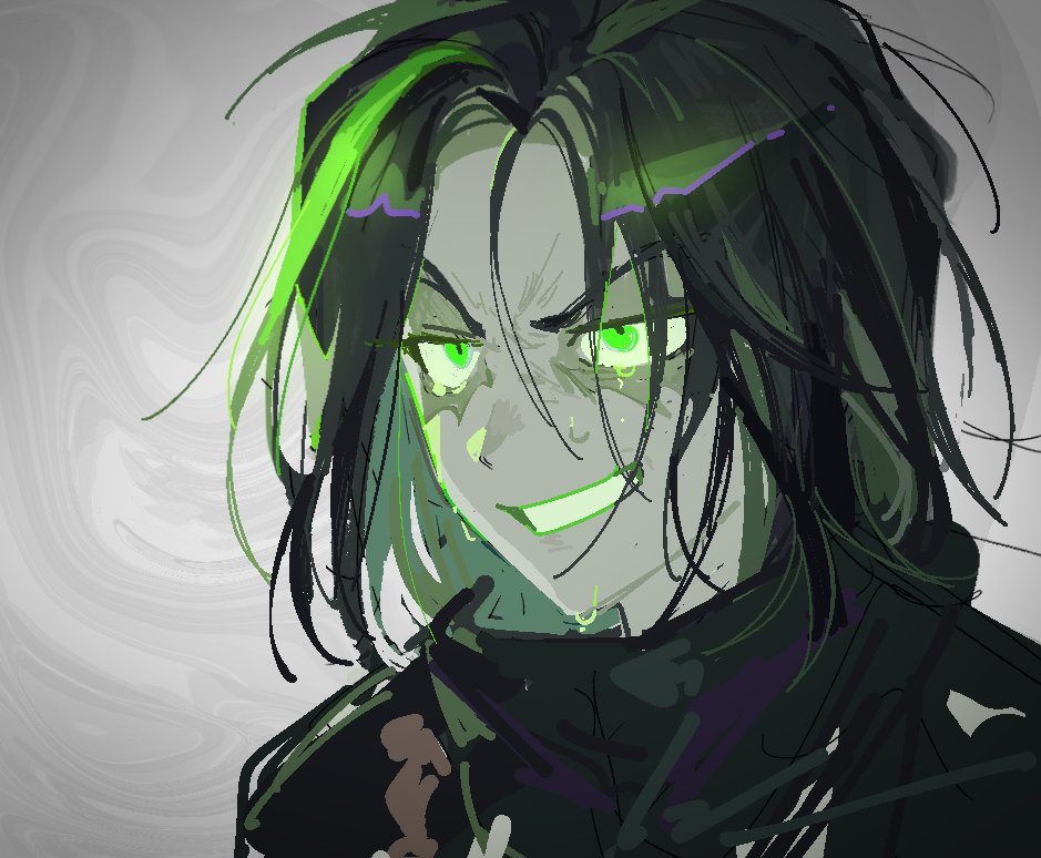 1boy, animification, black_hair, colored_skin, crying, crying_with_eyes_open, facial_mark, furrowed_brow, glowing, glowing_eyes, green_eyes, green_streaks, grey_background, grey_skin, grin, jaggy_lines, lgonberry_proto, male_focus, morro_(ninjago), multicolored_hair, ninjago, parted_bangs, portrait, short_hair, sidelighting, simple_background, smile, solo, streaked_hair, tears