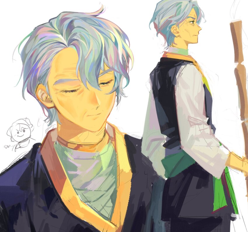 1boy, animification, belt, black_dougi, closed_eyes, closed_mouth, doodle_inset, frown