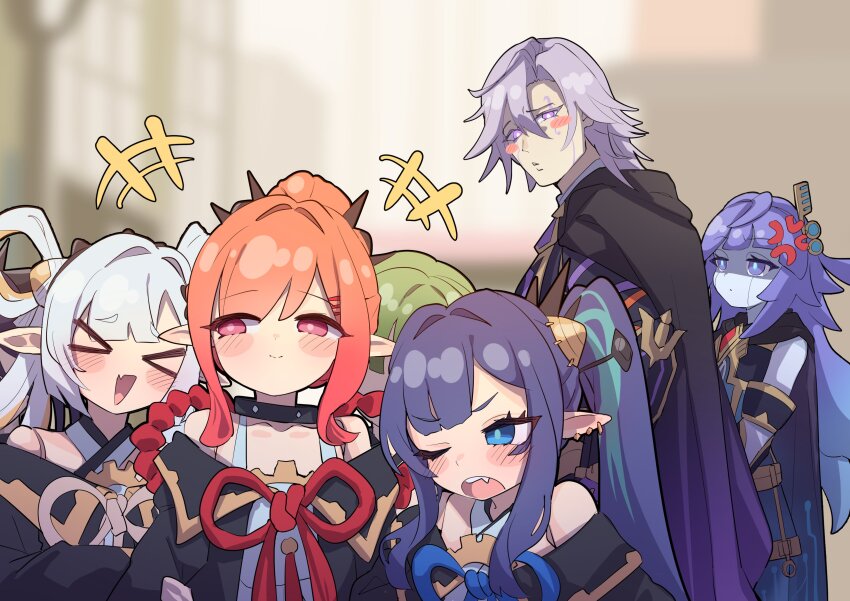 >_<, +++, 1boy, 5girls, :d, absurdres, android, anger_vein, angry, bare_shoulders, black_cloak, blush_stickers, brother_and_sister, c_civciv, cloak, closed_eyes, clothing_request, collarbone, distracted_boyfriend_(meme), duel_monster, enlilgirsu_the_orcust_mekk-knight, fang, galatea-i_the_orcust_automaton, galatea_the_orcust_automaton, green_hair, highres, ib_(yu-gi-oh!), long_hair, meme, multiple_girls, ningirsu_(yu-gi-oh!), open_mouth, orange_hair, pale_skin, purple_hair, robot, robot_girl, siblings, skin_fang, smile, white_hair, xd, yu-gi-oh!, zenna-no-tsuinagihime