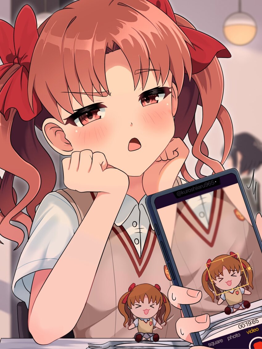 3girls, blurry, blurry_background, brown_eyes, brown_hair, brown_sweater_vest, character_doll, collared_shirt