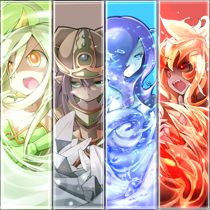4girls, ahoge, blue_eyes, blue_hair, brown_hair, fangs, fire, frfr, game_cg, gnome_(mon-musu_quest!), green_eyes, green_hair, hat, long_hair, mon-musu_quest!, monster_girl, multiple_girls, pointy_ears, red_eyes, red_hair, rock, salamander_(mon-musu_quest!), slime_girl, sylph_(mon-musu_quest!), undine_(mon-musu_quest!), water, wind, yellow_eyes
