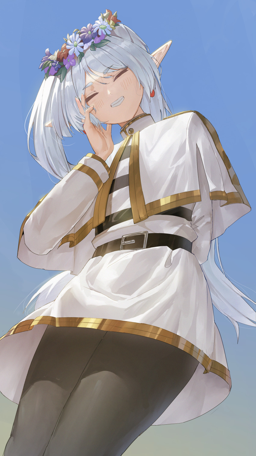 1girl, absurdres, belt, black_belt, black_pantyhose, capelet, closed_eyes, cowboy_shot