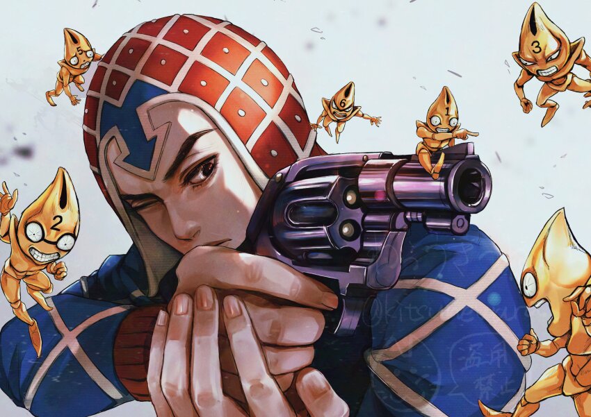 1boy, absurdres, aiming, argyle_clothes, argyle_hat, argyle_sweater, commentary, fingernails