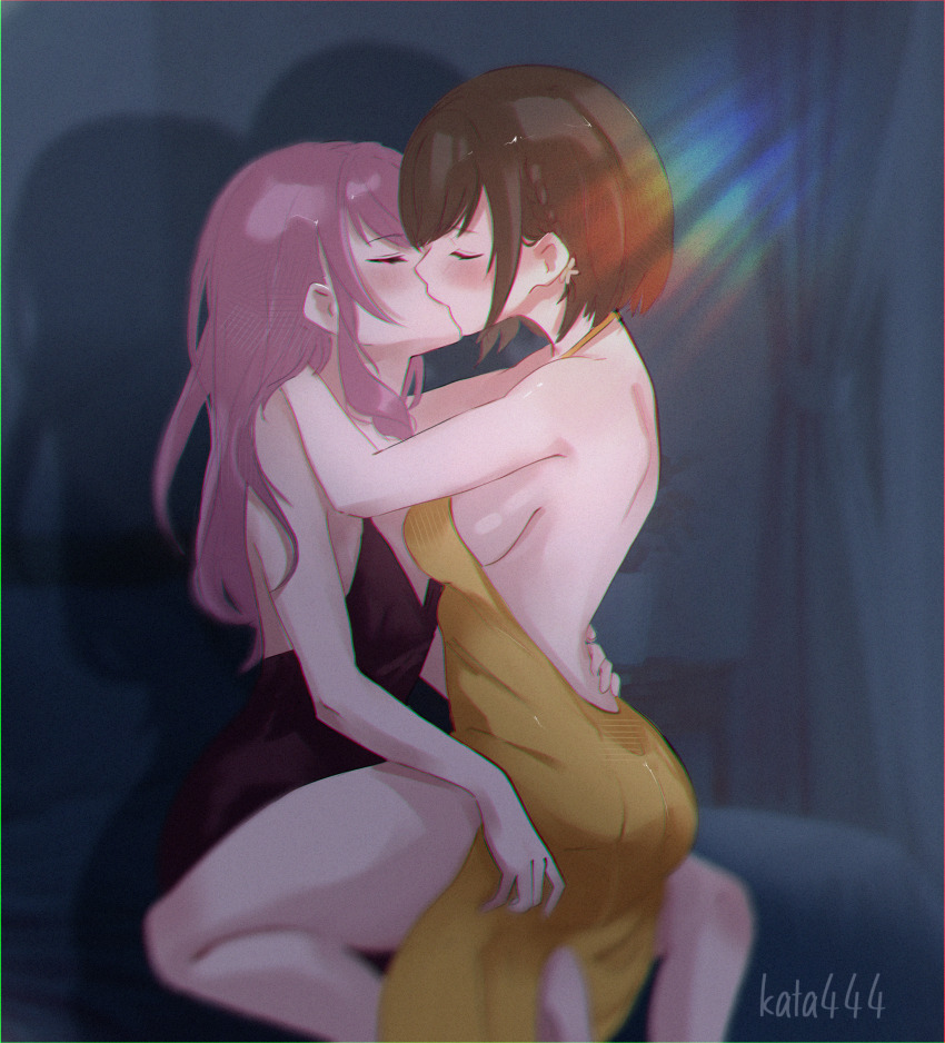 1girl, 1other, akiyama_mizuki, artist_name, bare_arms, bare_back, bare_shoulders, black_dress