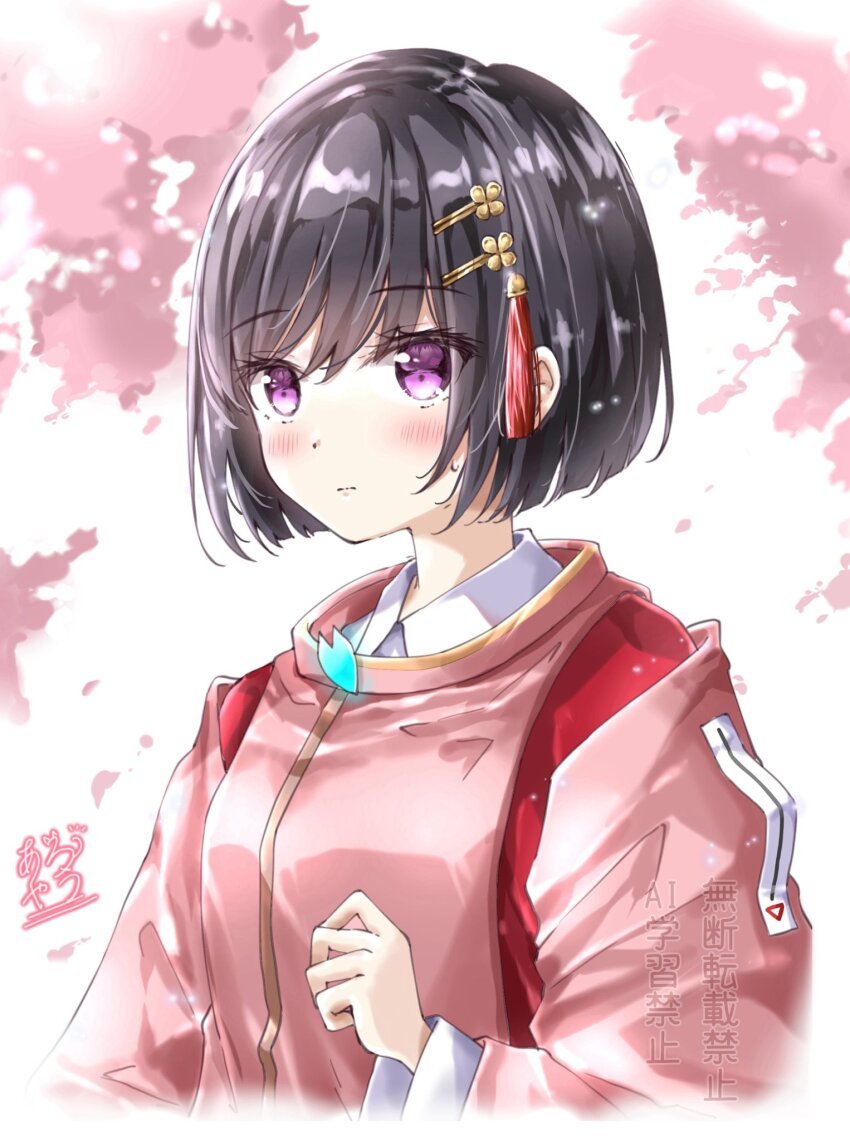 1girl, alternate_hair_length, alternate_hairstyle, ayaro_(genkiloobaii), black_hair, blunt_ends, blush, bob_cut