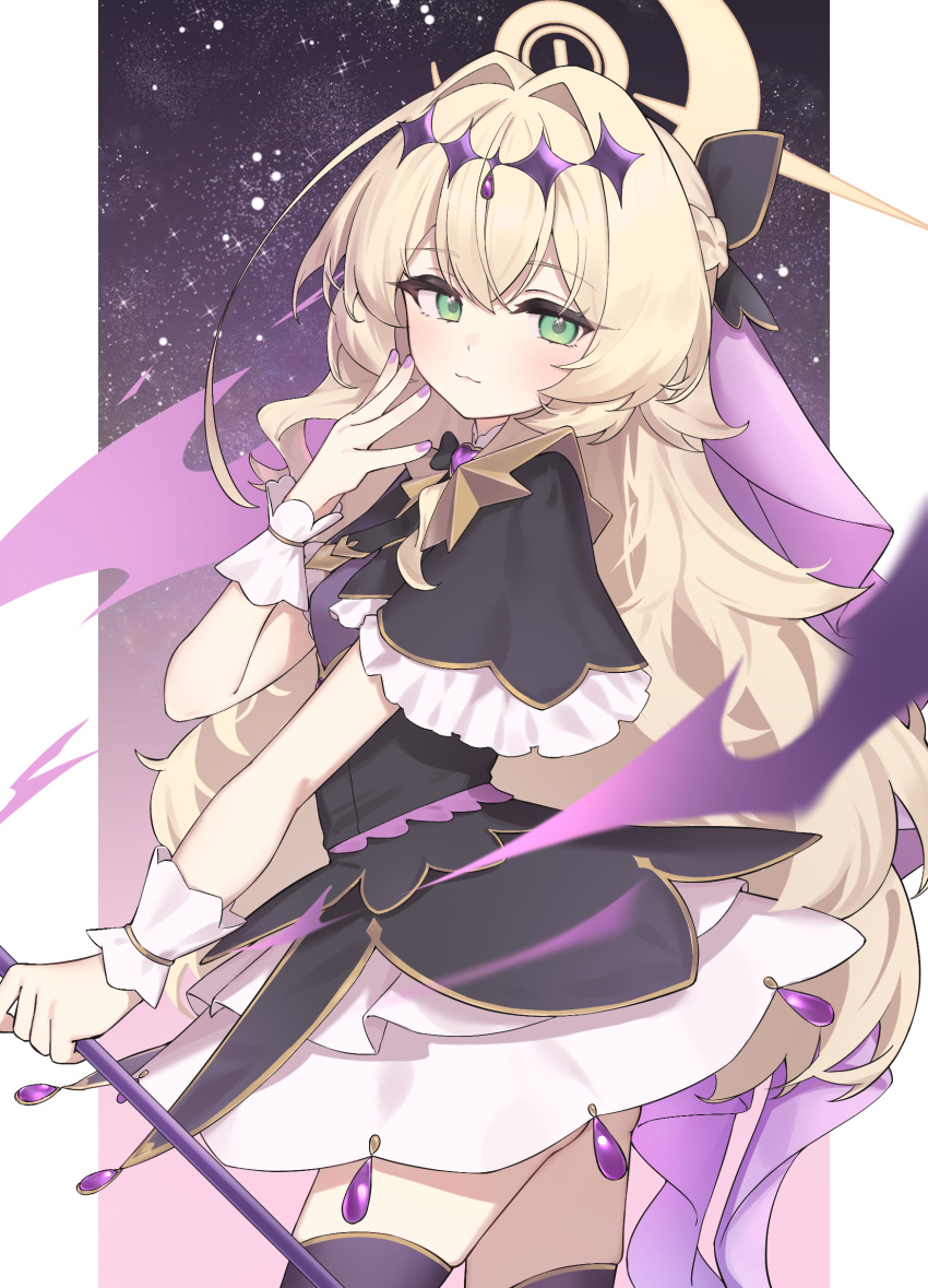 1girl, absurdres, black_capelet, blonde_hair, blue_archive, breasts, brooch, capelet