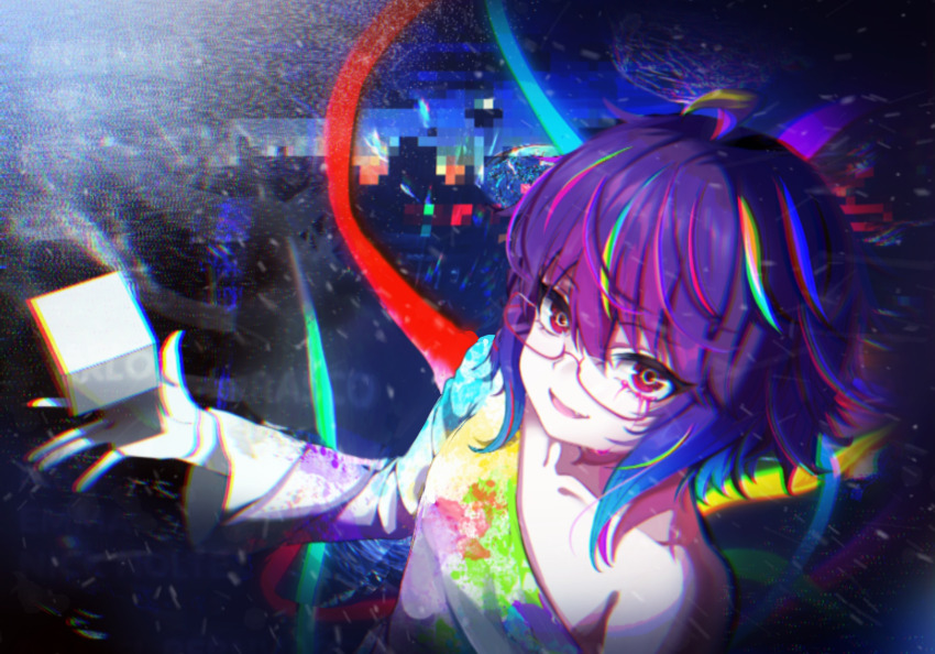 1girl, ahoge, cube, fang, flat_chest, glasses, glitch, highres
