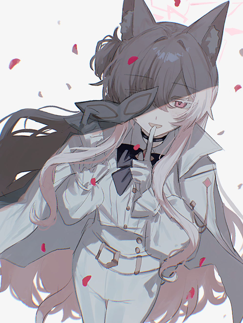 1girl, :d, aiguillette, akira_(blue_archive), animal_ear_fluff, animal_ears, bell_sleeves, belt, belt_buckle, black_bow, black_bowtie, black_choker, blue_archive, bow, bowtie, buckle, buttons, cape, cat_ears, cat_girl, cat_tail, choker, collared_shirt, colored_eyelashes, cowboy_shot, domino_mask, dot_nose, suit_pants, eye_mask, falling_petals, finger_to_mouth, from_above, hair_between_eyes, hair_intakes, halo, hands_up, highres, holding, holding_mask, inagoinaire, long_hair, long_sidelocks, long_sleeves, looking_at_viewer, mask, one_eye_covered, one_side_up, open_mouth, pants, partially_shaded_face, petals, phantom_thief, pink_eyes, pink_hair, pink_halo, poet_shirt, puffy_long_sleeves, puffy_sleeves, red_petals, ribbed_shirt, shade, shirt, shushing, sidelocks, simple_background, smile, solo, standing, tail, thigh_gap, unworn_mask, very_long_hair, white_background, white_belt, white_cape, white_eyelashes, white_mask, white_pants, white_shirt