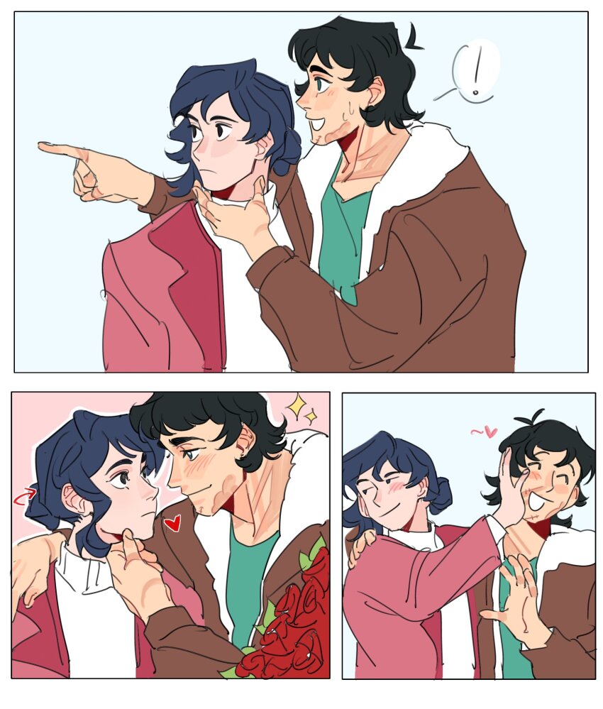 2boys, animification, black_hair, blue_hair, blush, brown_jacket, couple, disventure_camp, flower, hair_bun, heart, highres, io_220033, jacket, jake_(disventure_camp), looking_at_another, male_focus, multiple_boys, rose, short_hair, tom_(disventure_camp), yaoi
