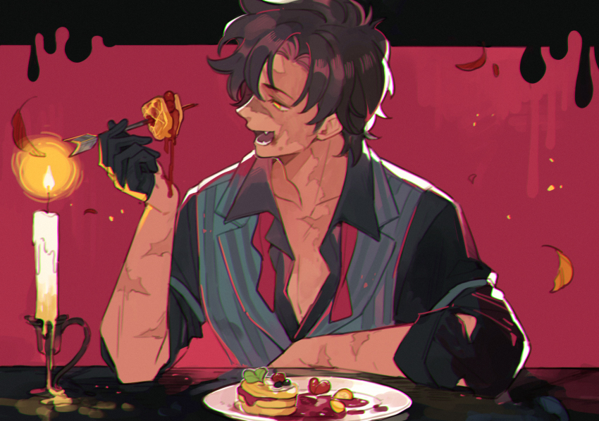 1boy, animification, bamboozlers_(wild_life_smp), black_gloves, black_shirt, brown_hair, candle, commentary, english_commentary, food, gloves, goodtimeswithscar, highres, holding, luminous_slime, male_focus, minecraft_youtube, official_alternate_costume, open_mouth, partially_open_shirt, plate, profile, scar, shirt, short_hair, sleeves_rolled_up, solo, striped_clothes, striped_vest, traffic_life_series, upper_body, vest, waffle, wild_life_smp, yellow_eyes