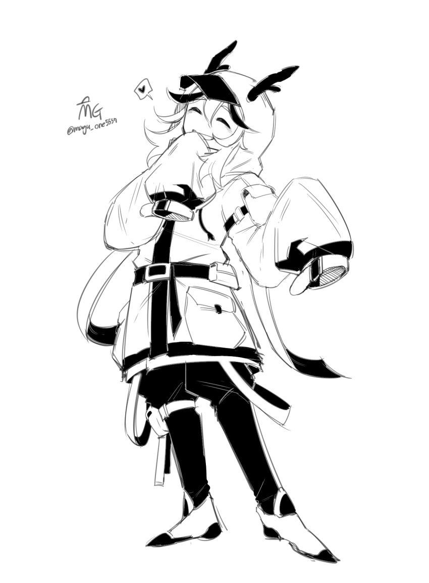 1boy, ^_^, alternate_costume, animification, ao_lie_(monkie_kid), artist_name, baseball_cap, belt, belt_buckle, belt_pouch, buckle, closed_eyes, commentary_request, full_body, greyscale, grin, hair_between_eyes, hand_on_own_chin, hands_up, hat, hat_under_hood, head_tilt, heart, highres, hood, hood_up, hooded_coat, horns, korean_commentary, long_hair, long_sleeves, magu_5557, male_focus, lego_monkie_kid, monochrome, pants, pouch, shoes, sidelocks, simple_background, sleeve_pouch, smile, solo, spoken_heart, standing, strap, techwear, thigh_pouch, thigh_strap, twitter_username