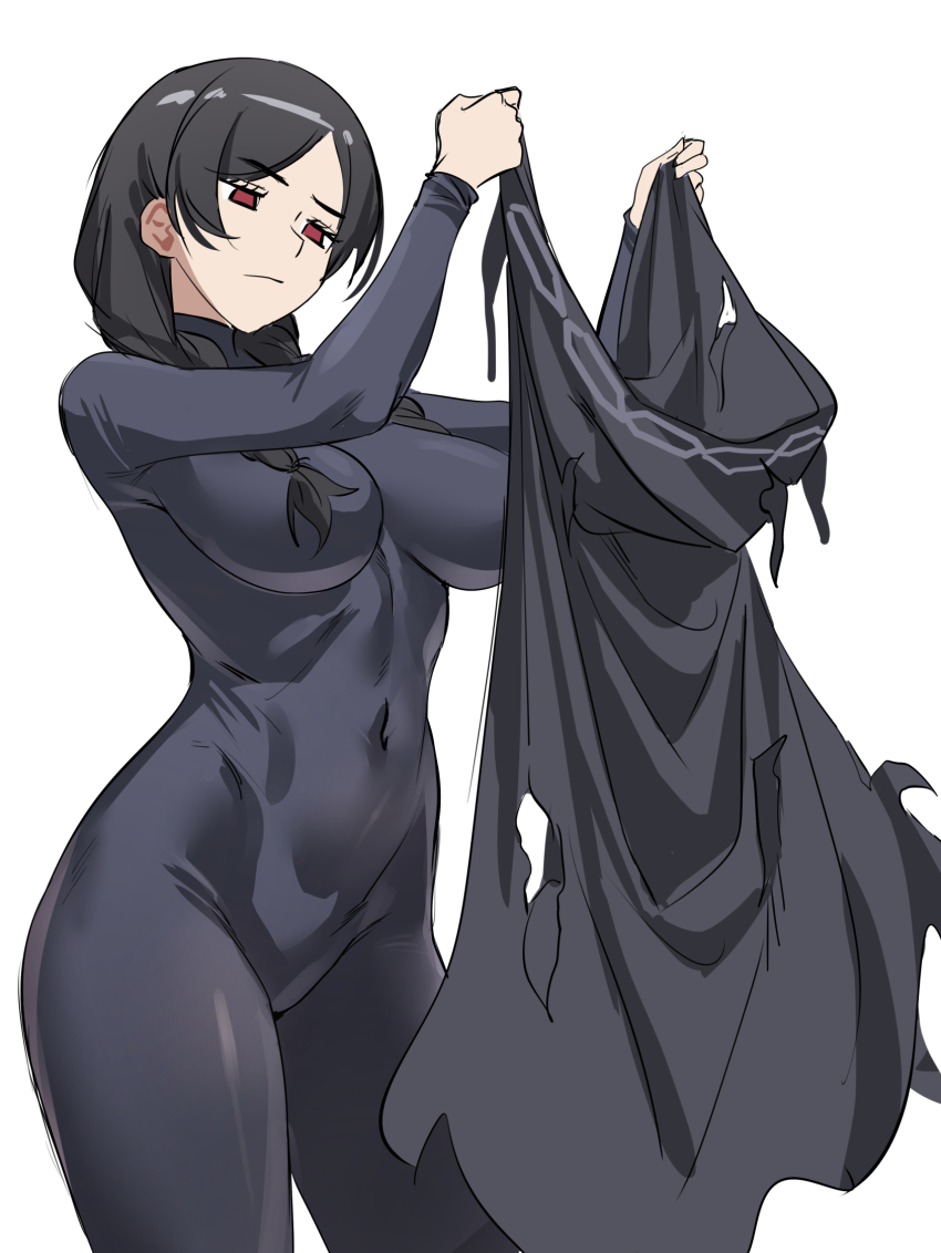 1girl, black_bodystocking, black_hair, black_robe, breasts, covered_navel, das_(dan_dan), fate/strange_fake