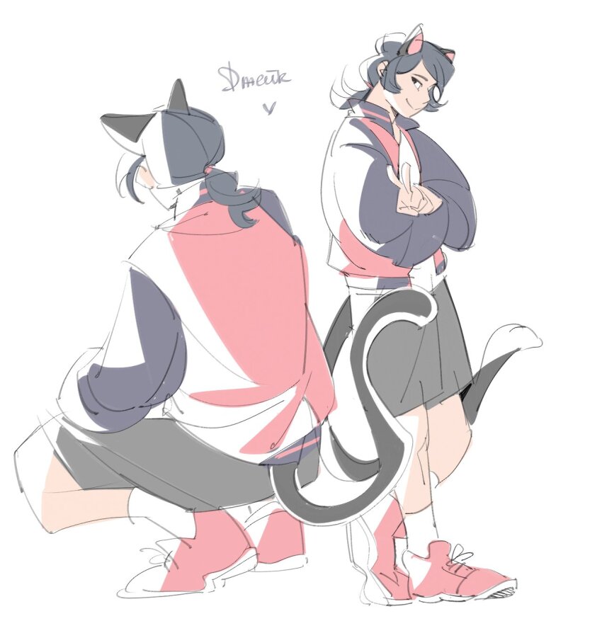 1boy, animal_ears, animification, black_shorts, blue_hair, cat_boy, cat_ears, cat_tail