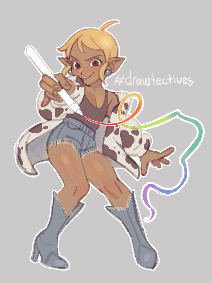 1girl, absurdres, ahoge, animal_print, blonde_hair, breasts, brown_eyes, cleavage