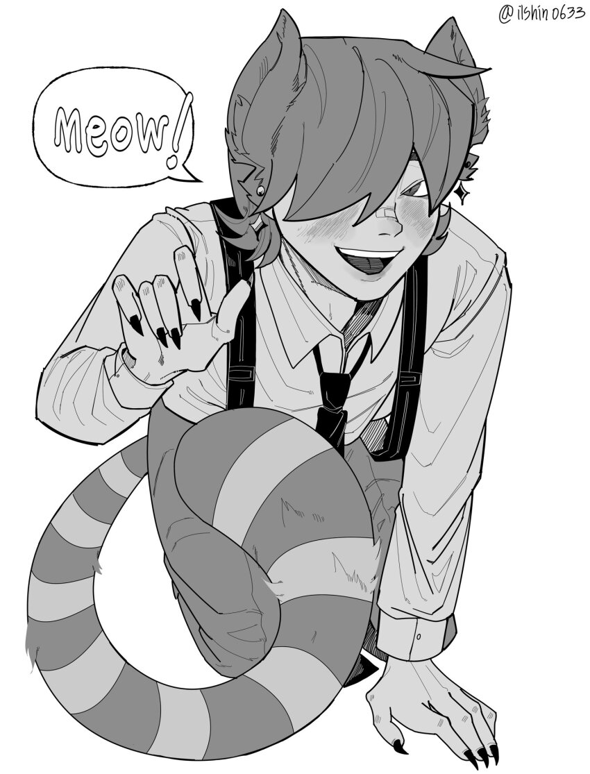 1other, all_fours, animal_ears, animification, black_nails, cat_ears, cat_tail, collared_shirt, disventure_camp, dress_shirt, greyscale, hair_over_eyes, highres, ilshin0633, looking_at_viewer, monochrome, necktie, pants, ren_moraga, shirt, solo_focus, speech_bubble, tail, white_background