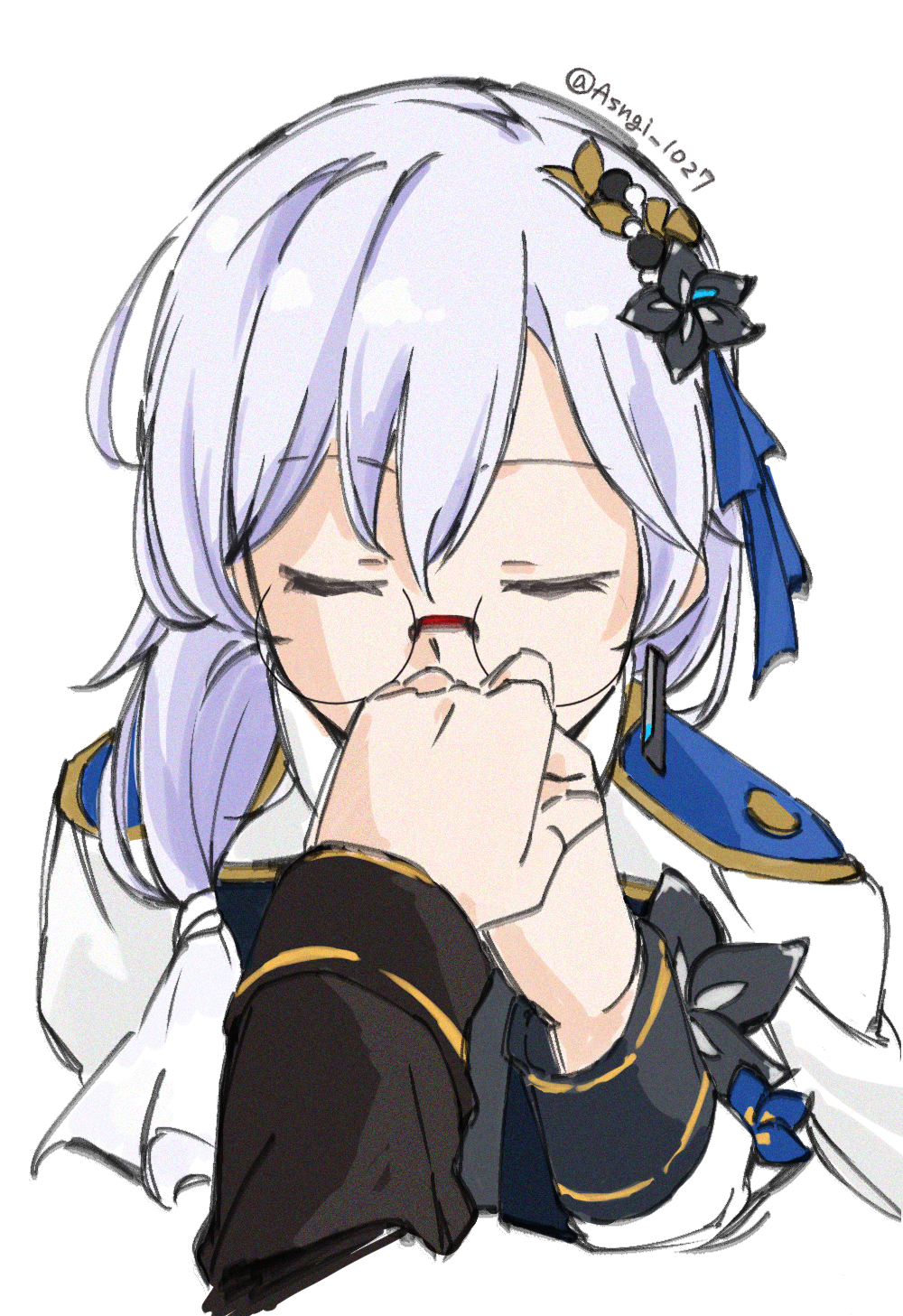 2girls, asngi_1027hana, black_flower, blue_ribbon, closed_eyes, commentary_request, cropped_torso, epaulettes