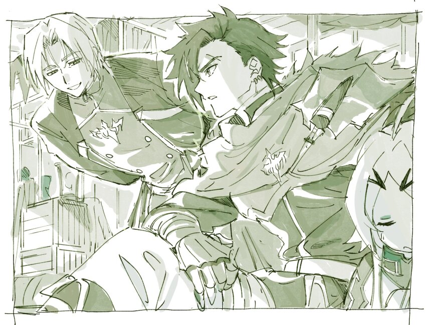 1girl, 2boys, armor, bent_over, border, brooch, closed_eyes, dagger, earrings, forbartz_xylo, fur_trim, gauntlets, hair_ornament, hairpin, highres, jewelry, knife, looking_at_another, monochrome, multiple_boys, parted_lips, profile, rhyno_(yuushakei_ni_shosu), scar, scar_across_eyebrow, scar_on_face, scarf, short_hair, shoulder_armor, sleeping, teeth, teoritta, toramaru_(696anna), weapon, white_border, yuushakei_ni_shosu