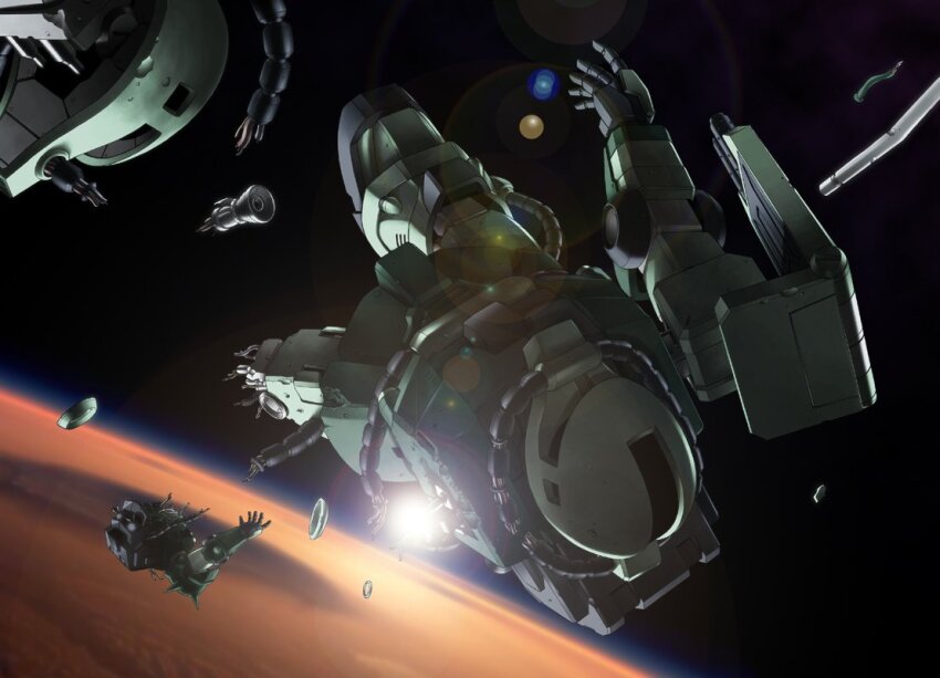 after_battle, cable, commentary_request, debris, defeat, gun, gundam, gundam_f91_formula_report_0122